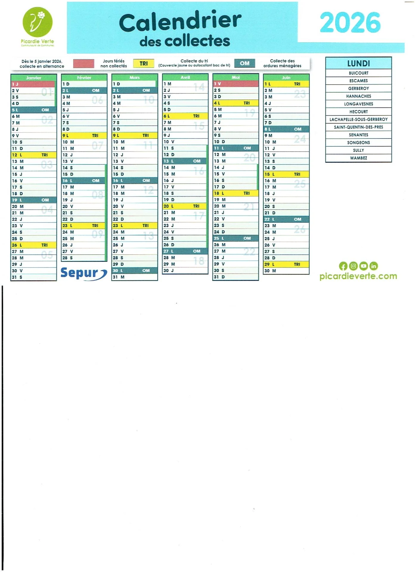 calendrier des collectes 2026